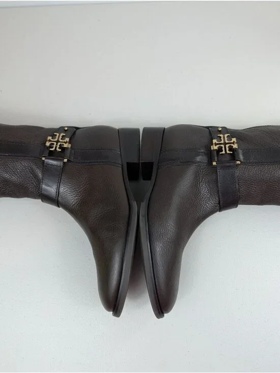 Tory Burch Elina Riding boots brown leather gold tone logo turnblock size 8.5 - Picture 6 of 10